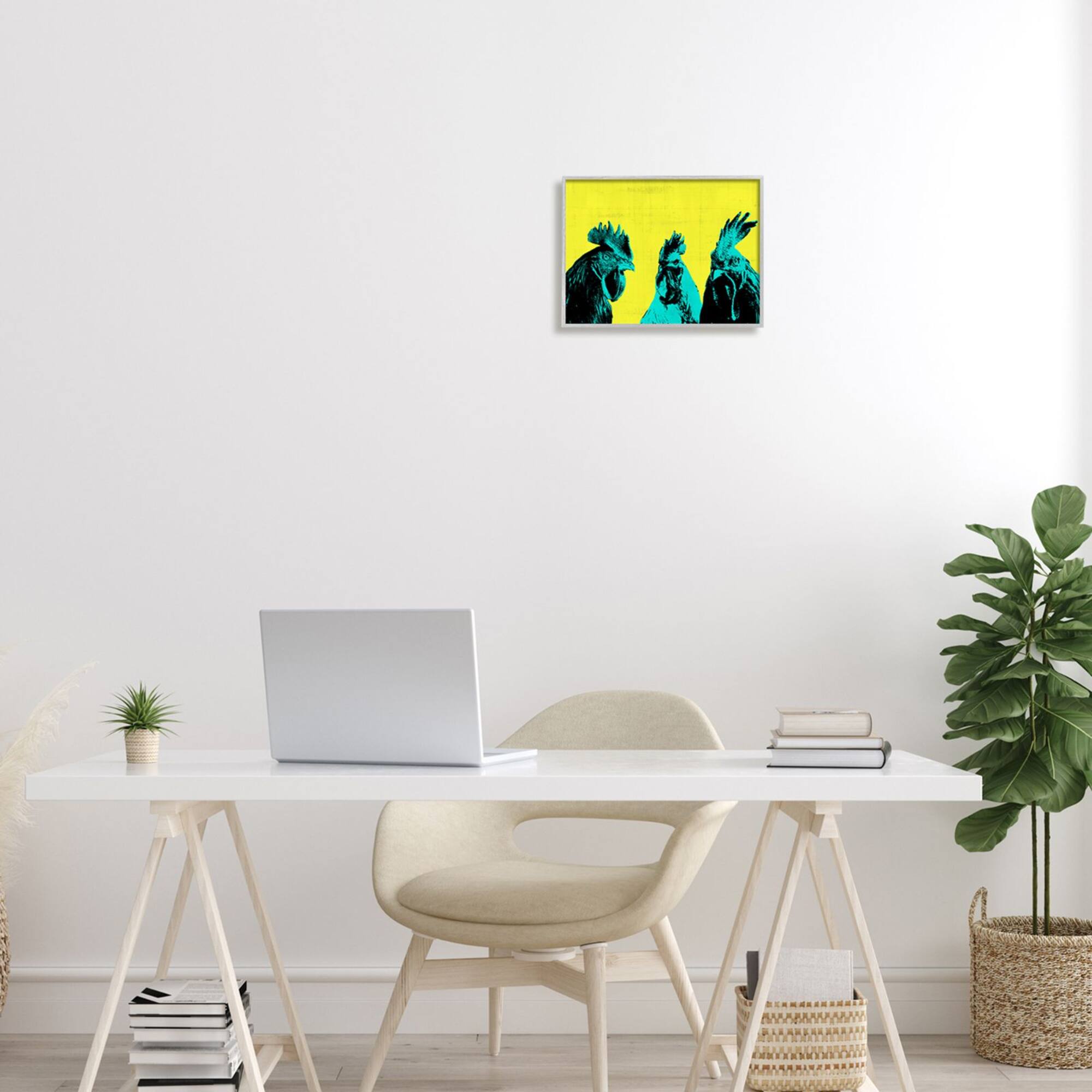 Stupell Industries Bold Pop Farm Roosters Yellow Blue Abstract Birds Framed Wall Art